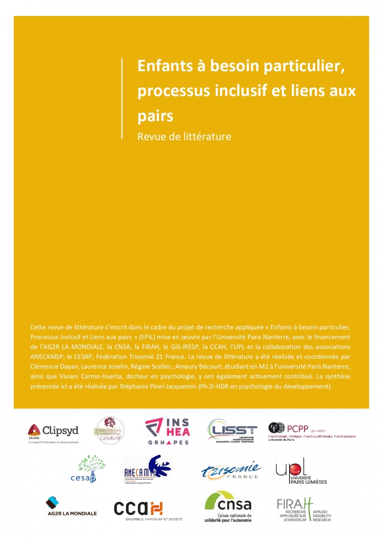 Couverture de la revue de littérature Enfants à besoin particulier, processus inclusif et liens aux pairs Couverture de la revue de littérature Enfants à besoin particulier, processus inclusif et liens aux pairs, jpg